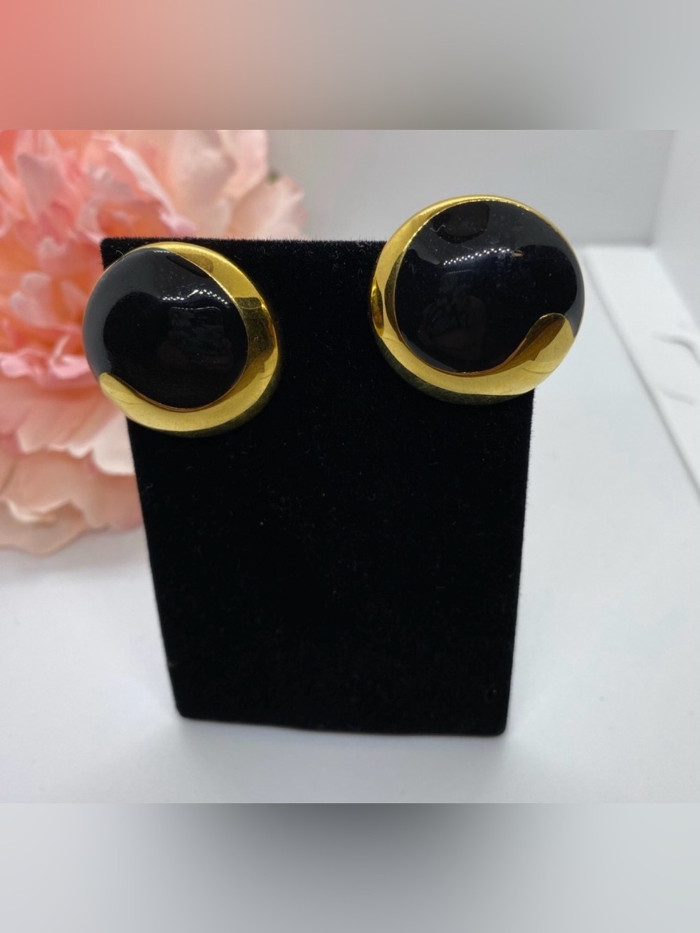 VINTAGE Monet Black Enamel Gold Tone Post Earrings